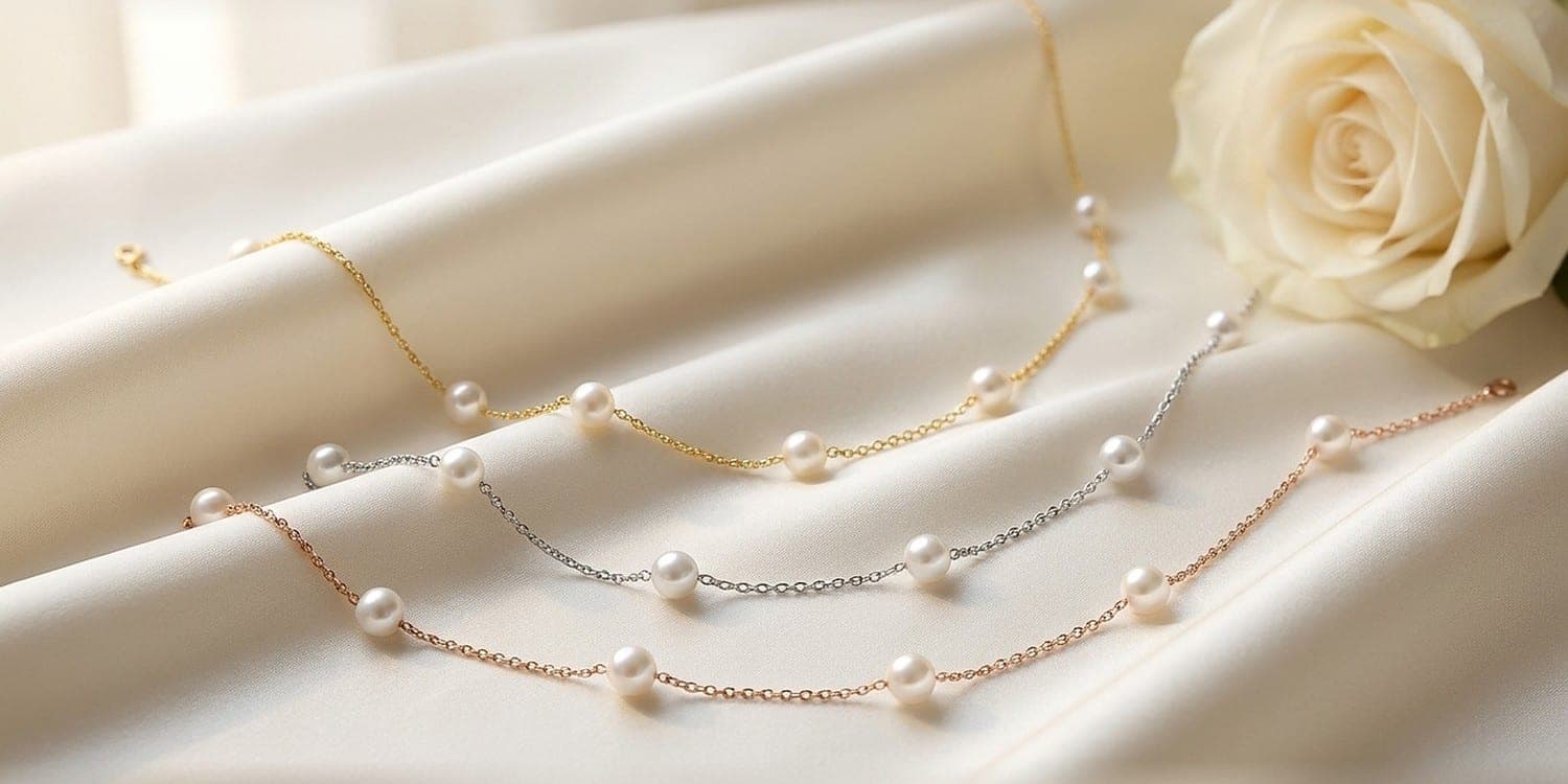 Pearl station chains on ivory silk